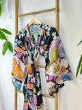 Men’s Cotton Block print House Dressing Robe Kimono - Bohemian Quirky Black Orange Aqua Abstract Magic | Holiday Spa Boho Style