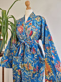 Pure Cotton Handprinted House Robe Tropical Boho Kimono - Bohemian Festival Blue Red White Tribal Exotica Paradise | Beach Cover Open Jacket