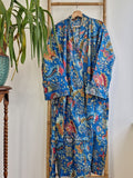 Pure Cotton Handprinted House Robe Tropical Boho Kimono - Bohemian Festival Blue Red White Tribal Exotica Paradise | Beach Cover Open Jacket