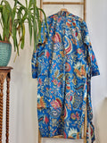 Pure Cotton Handprinted House Robe Tropical Boho Kimono - Bohemian Festival Blue Red White Tribal Exotica Paradise | Beach Cover Open Jacket
