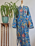 Pure Cotton Handprinted House Robe Tropical Boho Kimono - Bohemian Festival Blue Red White Tribal Exotica Paradise | Beach Cover Open Jacket