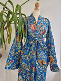 Pure Cotton Handprinted House Robe Tropical Boho Kimono - Bohemian Festival Blue Red White Tribal Exotica Paradise | Beach Cover Open Jacket