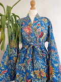 Pure Cotton Handprinted House Robe Tropical Boho Kimono - Bohemian Festival Blue Red White Tribal Exotica Paradise | Beach Cover Open Jacket