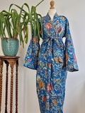 Pure Cotton Handprinted House Robe Tropical Boho Kimono - Bohemian Festival Blue Red White Tribal Exotica Paradise | Beach Cover Open Jacket