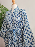 Pure Cotton Handprinted House Robe Botanical Kimono - Indigo White Floral Bloom l Beach Coverup/Comfy Maternity | Mughal Oriental Motif