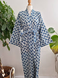 Pure Cotton Handprinted House Robe Botanical Kimono - Indigo White Floral Bloom l Beach Coverup/Comfy Maternity | Mughal Oriental Motif