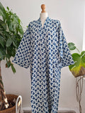 Pure Cotton Handprinted House Robe Botanical Kimono - Indigo White Floral Bloom l Beach Coverup/Comfy Maternity | Mughal Oriental Motif