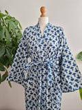 Pure Cotton Handprinted House Robe Botanical Kimono - Indigo White Floral Bloom l Beach Coverup/Comfy Maternity | Mughal Oriental Motif