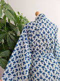 Pure Cotton Handprinted House Robe Botanical Kimono - Indigo White Floral Bloom l Beach Coverup/Comfy Maternity | Mughal Oriental Motif