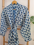 Pure Cotton Handprinted House Robe Botanical Kimono - Indigo White Floral Bloom l Beach Coverup/Comfy Maternity | Mughal Oriental Motif
