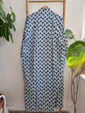 Pure Cotton Handprinted House Robe Botanical Kimono - Indigo White Floral Bloom l Beach Coverup/Comfy Maternity | Mughal Oriental Motif