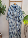 Pure Cotton Handprinted House Robe Botanical Kimono - Indigo White Floral Bloom l Beach Coverup/Comfy Maternity | Mughal Oriental Motif