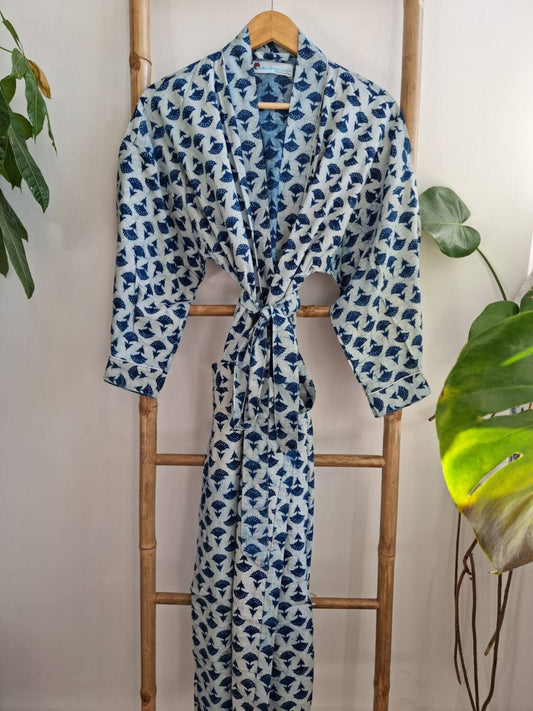 Pure Cotton Handprinted House Robe Botanical Kimono - Indigo White Floral Bloom l Beach Coverup/Comfy Maternity | Mughal Oriental Motif