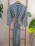 Pure Cotton Handprinted House Robe Botanical Kimono - Indigo White Floral Bloom l Beach Coverup/Comfy Maternity | Mughal Oriental Motif