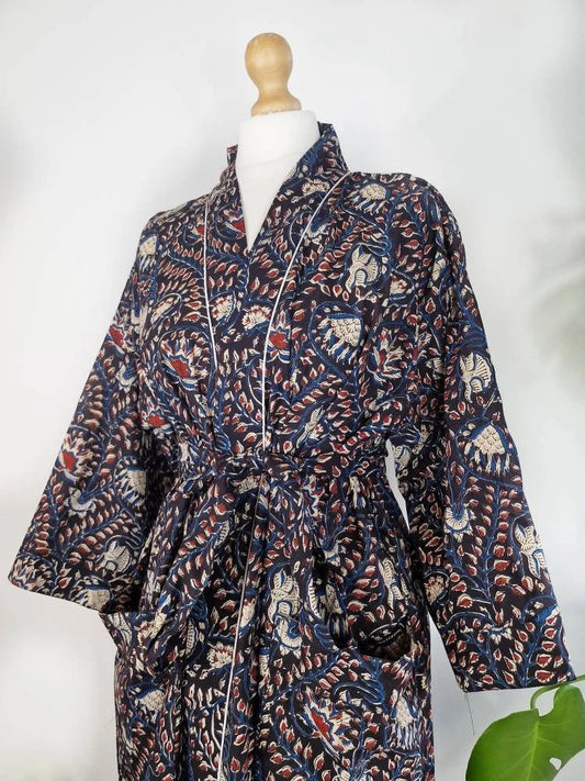 Pure Cotton Indian Block printed House Robe Summer Kimono | Floral Beach Coverup/Comfy Maternity Mom | Bagru Beige Blue Red Twirl Leaves