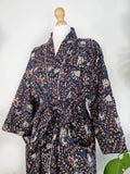 Pure Cotton Indian Block printed House Robe Summer Kimono | Floral Beach Coverup/Comfy Maternity Mom | Bagru Beige Blue Red Twirl Leaves