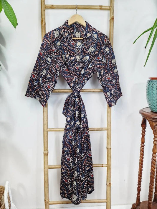 Pure Cotton Indian Block printed House Robe Summer Kimono | Floral Beach Coverup/Comfy Maternity Mom | Bagru Beige Blue Red Twirl Leaves
