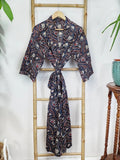Pure Cotton Indian Block printed House Robe Summer Kimono | Floral Beach Coverup/Comfy Maternity Mom | Bagru Beige Blue Red Twirl Leaves