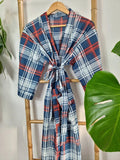Men’s Cotton Block print House Regal Robe Kimono | Teal Blue  White Red Check Stripes | English Geometric