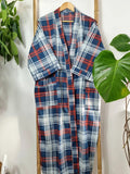 Men’s Cotton Block print House Regal Robe Kimono | Teal Blue  White Red Check Stripes | English Geometric