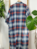 Men’s Cotton Block print House Regal Robe Kimono | Teal Blue  White Red Check Stripes | English Geometric