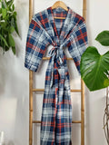 Men’s Cotton Block print House Regal Robe Kimono | Teal Blue  White Red Check Stripes | English Geometric