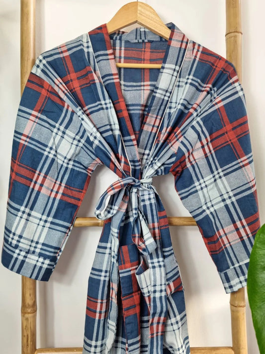 Men’s Cotton Block print House Regal Robe Kimono | Teal Blue  White Red Check Stripes | English Geometric