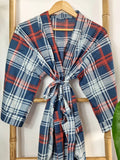 Men’s Cotton Block print House Regal Robe Kimono | Teal Blue  White Red Check Stripes | English Geometric