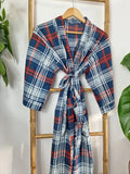 Men’s Cotton Block print House Regal Robe Kimono | Teal Blue  White Red Check Stripes | English Geometric