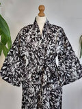 Pure Cotton Handprinted House Robe Summer Kimono | Floral Beach Coverup/Comfy Maternity Monochrome Black White Grey Leaves