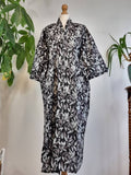 Pure Cotton Handprinted House Robe Summer Kimono | Floral Beach Coverup/Comfy Maternity Monochrome Black White Grey Leaves
