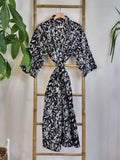 Pure Cotton Handprinted House Robe Summer Kimono | Floral Beach Coverup/Comfy Maternity Monochrome Black White Grey Leaves