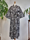 Pure Cotton Handprinted House Robe Summer Kimono | Floral Beach Coverup/Comfy Maternity Monochrome Black White Grey Leaves