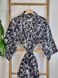 Pure Cotton Handprinted House Robe Summer Kimono | Floral Beach Coverup/Comfy Maternity Monochrome Black White Grey Leaves