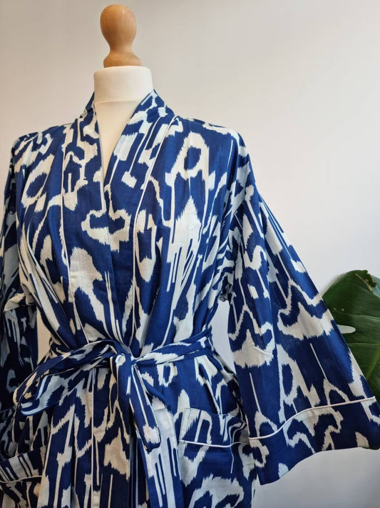 Pure Cotton Handprinted House Robe Summer Kimono | Floral Beach Coverup/Comfy Maternity Mom | Royal Blue White Ikat Print