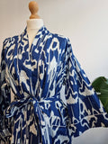 Pure Cotton Handprinted House Robe Summer Kimono | Floral Beach Coverup/Comfy Maternity Mom | Royal Blue White Ikat Print