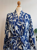 Pure Cotton Handprinted House Robe Summer Kimono | Floral Beach Coverup/Comfy Maternity Mom | Royal Blue White Ikat Print