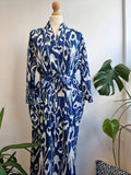 Pure Cotton Handprinted House Robe Summer Kimono | Floral Beach Coverup/Comfy Maternity Mom | Royal Blue White Ikat Print