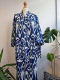 Pure Cotton Handprinted House Robe Summer Kimono | Floral Beach Coverup/Comfy Maternity Mom | Royal Blue White Ikat Print