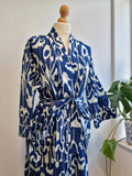 Pure Cotton Handprinted House Robe Summer Kimono | Floral Beach Coverup/Comfy Maternity Mom | Royal Blue White Ikat Print