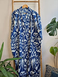 Pure Cotton Handprinted House Robe Summer Kimono | Floral Beach Coverup/Comfy Maternity Mom | Royal Blue White Ikat Print