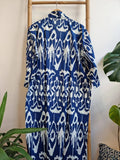 Pure Cotton Handprinted House Robe Summer Kimono | Floral Beach Coverup/Comfy Maternity Mom | Royal Blue White Ikat Print