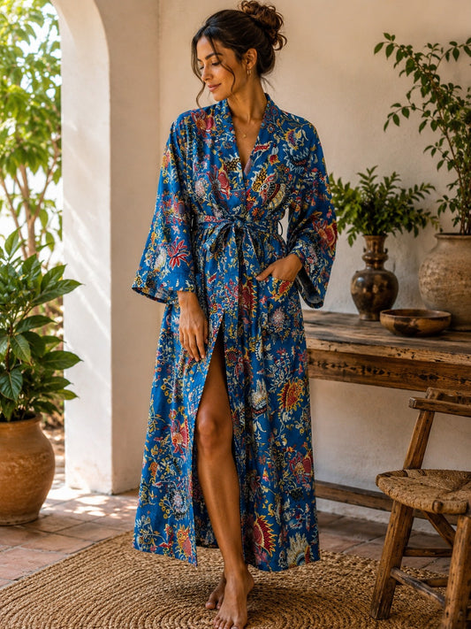 Pure Cotton Handprinted House Robe Tropical Boho Kimono - Bohemian Festival Blue Red White Tribal Exotica Paradise | Beach Cover Open Jacket