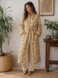 Quilted Unisex Cotton Reversible Long Winter Dressing Kimono Robe Boho Blockprint Classic Marigold Yellow Bloom Green Leaves