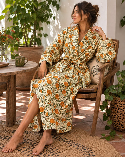 Quilted Unisex Cotton Reversible Long Winter Dressing Kimono Robe Boho Blockprint Classic Marigold Yellow Bloom Green Leaves