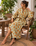 Quilted Unisex Cotton Reversible Long Winter Dressing Kimono Robe Boho Blockprint Classic Marigold Yellow Bloom Green Leaves
