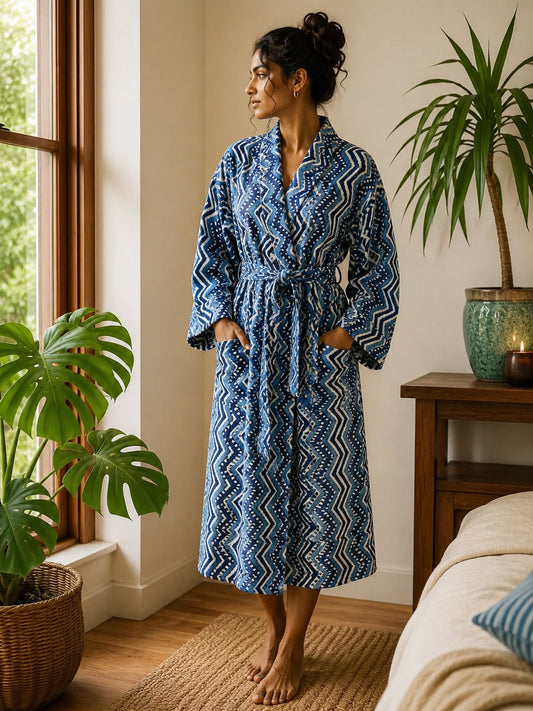 Luxury Velvet House Robe Unisex Kimono Geometric Chevron White Blue Indigo