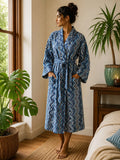 Luxury Velvet House Robe Unisex Kimono Geometric Chevron White Blue Indigo