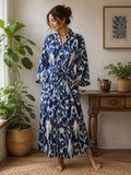 Pure Cotton Handprinted House Robe Summer Kimono | Floral Beach Coverup/Comfy Maternity Mom | Royal Blue White Ikat Print