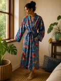 Luxury Velvet House Robe Unisex Kimono Deep Turquoise Bird